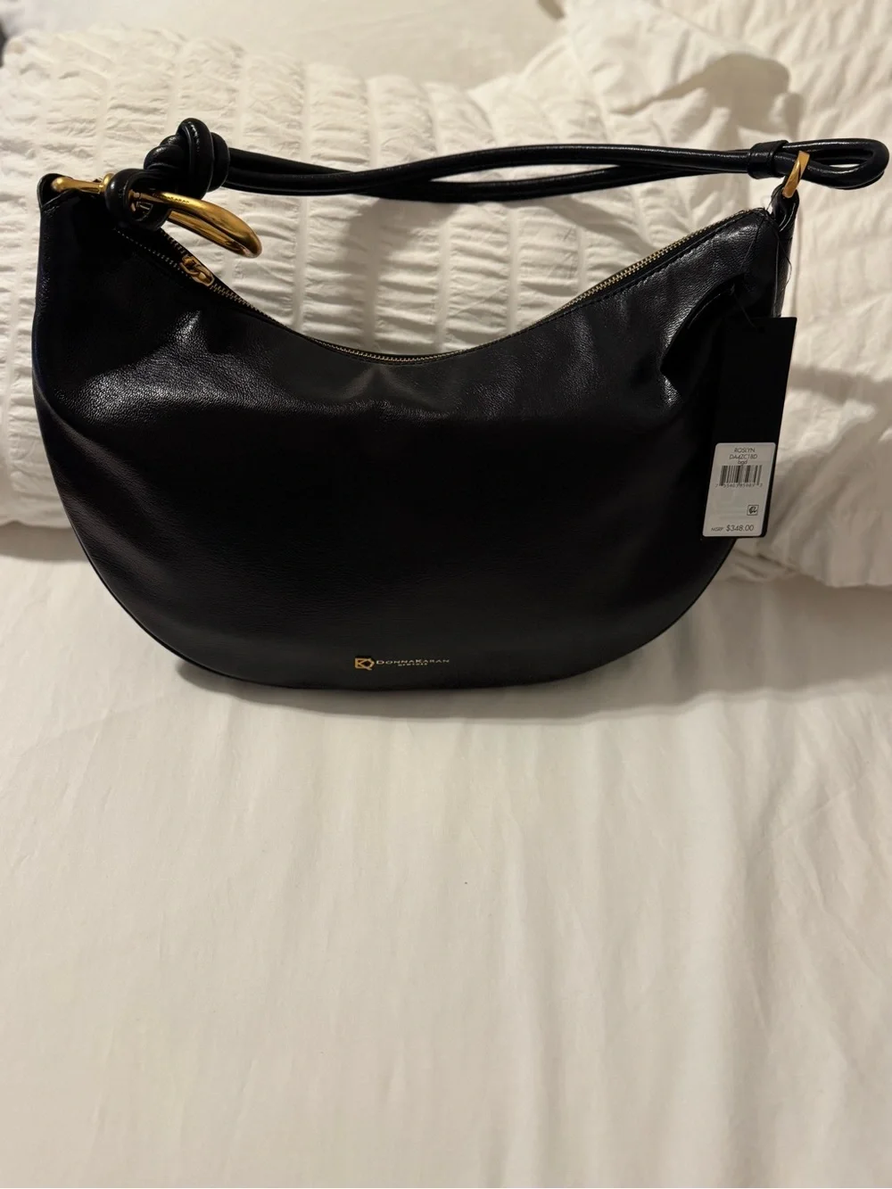 Donna Karan Black Leather Hobo with Gold-Tone Accents